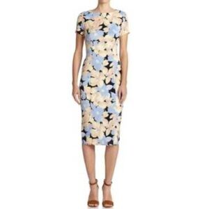 SUNO Pastel Blue & Peach‎ Floral Silk Midi Sheath Dress